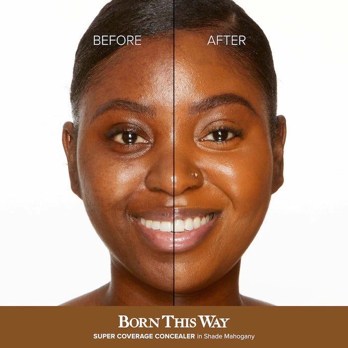 Model before and after using the Born This Way Concealer — the after photo shows even-toned, smooth, and radiant skin.