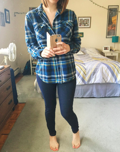 A customer review photo of someone wearing the denim leggings.
