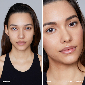 before and after photos of a model using the shade Light to Medium Tint