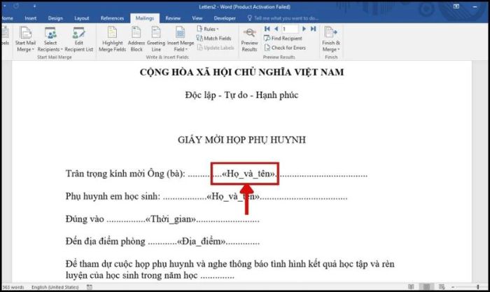 Tiến hành trộn thư từng bước trong Word 2010, 2016.