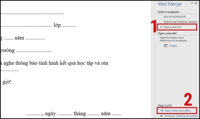 Nhấn vào Next: Select Recipients để tiếp tục quá trình trộn thư.