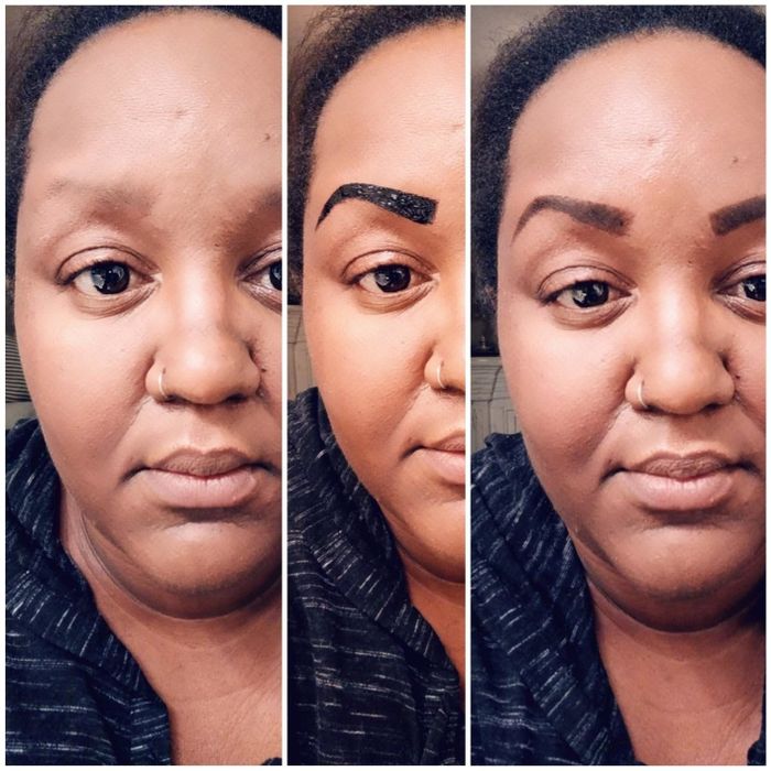 A reviewer with darker skin demonstrating the application process and showing how it transformed their faint brows into bold, defined ones
