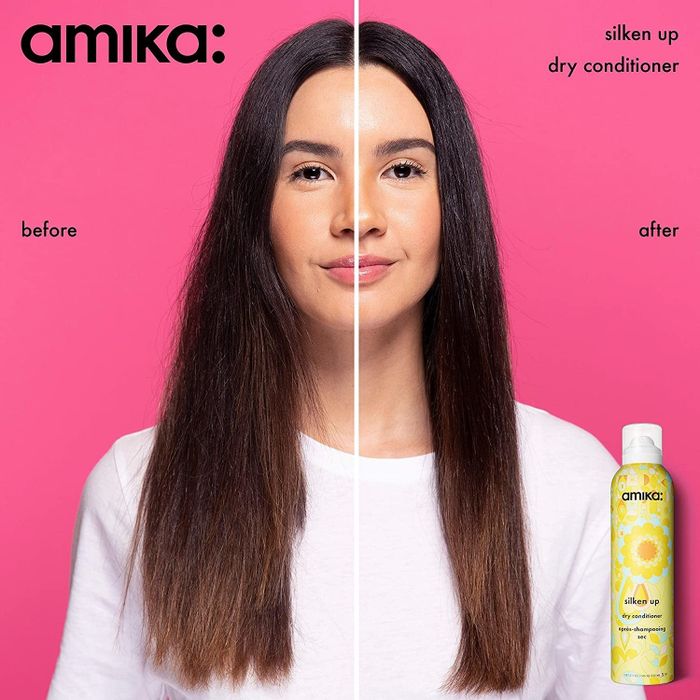 A model showcases the before-and-after results of using Amika dry conditioner.