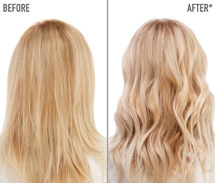 A model demonstrates the before-and-after effects of using MATRIX Total Results So Silver Color Depositing Purple Shampoo.