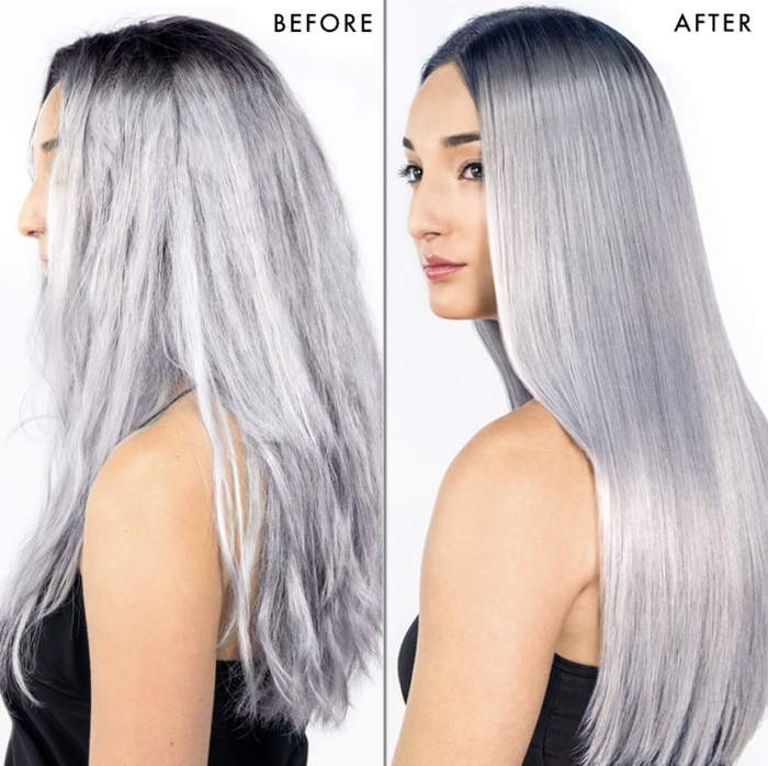 Before-and-after shot of a model with silver hair: on the left, frizzy strands; on the right, smooth strands after using the spray