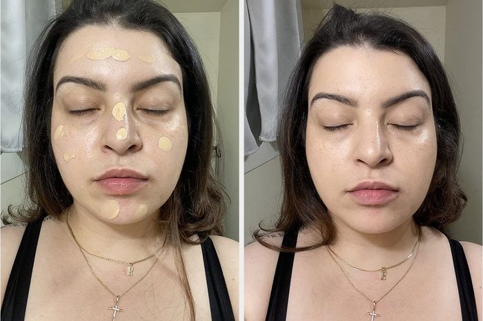 before and after images of a reviewer showing their face with and without the tinted hydrator