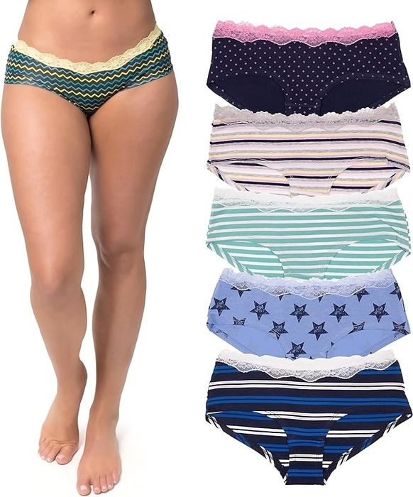 A model showcasing one of six different styles of women's underwear with lace details and patterns on display.