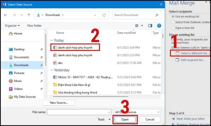 Mở lại tệp danh sách đã tạo trước đó 