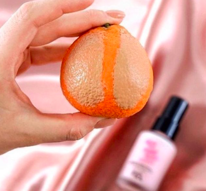 A comparison of an orange with and without the Touch in Sol No Poreblem primer applied underneath the foundation.