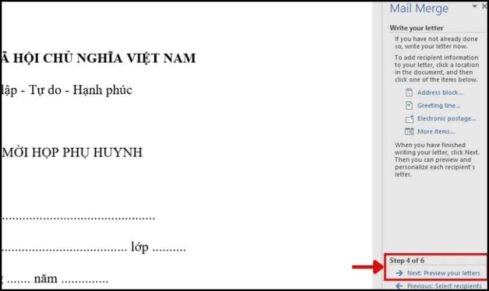 Chọn Preview để kiểm tra xem kết quả trộn thư đã đúng như mong đợi chưa.