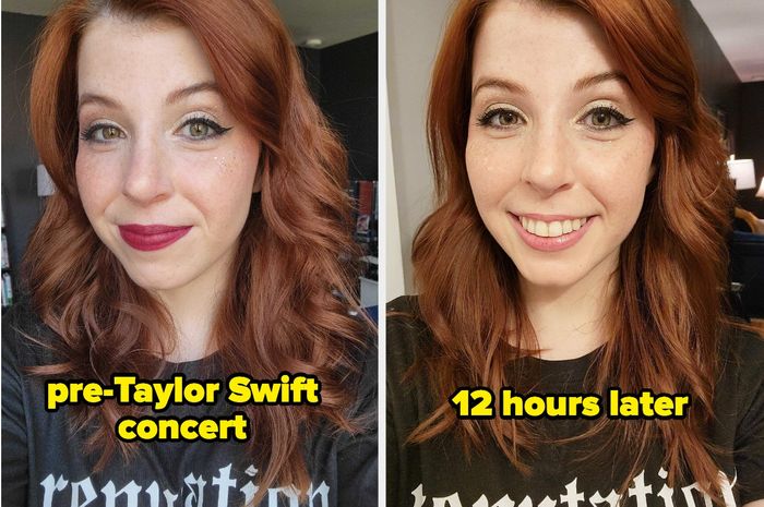 Before and after shots of an editor’s makeup at a Taylor Swift concert, showcasing how the setting spray kept her makeup flawless 12 hours later