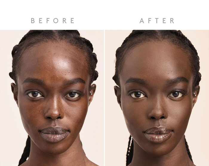 before and after photos of a model using the skin tint in shade Deep