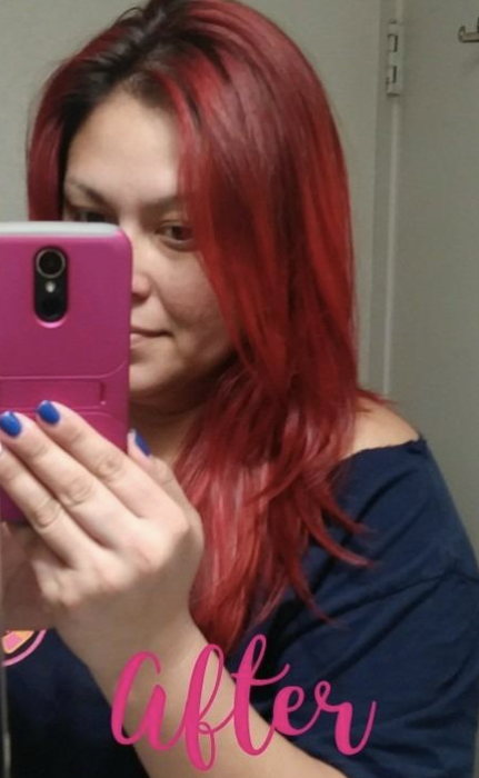 On the right, same reviewer with more vibrant red/pink hair after using the conditioner above