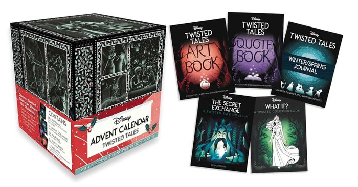 Disney's Twisted Tales Advent Calendar, complete with an art book, quiz book, journal, novella, and a coloring book displayed for all to enjoy.