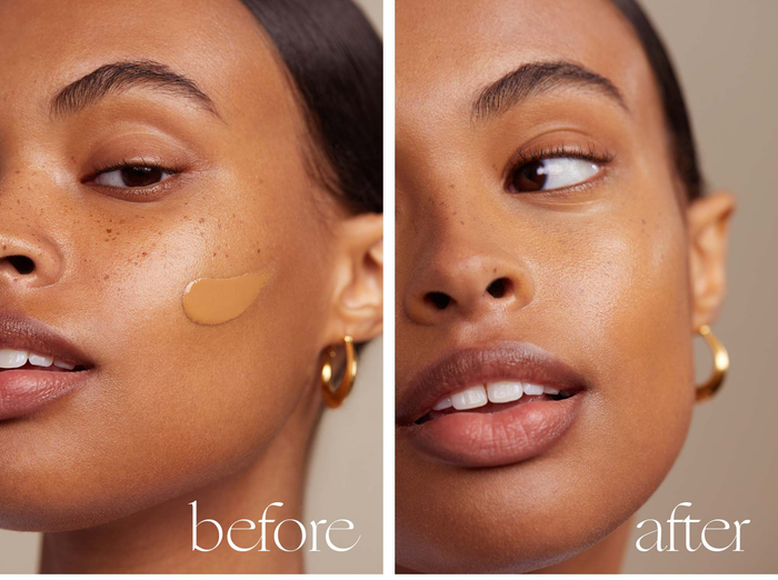 before and after photos of a model wearing the shade Sahara