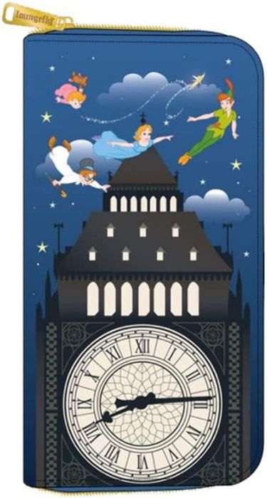 a zip-around wallet featuring a scene from Peter Pan with the kids soaring over Big Ben