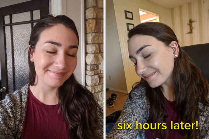 collage of a reviewer applying the tinted moisturizer and a follow-up photo six hours later