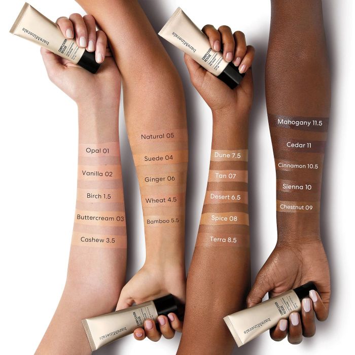 four models' arms displaying swatches of the various tinted moisturizer shades