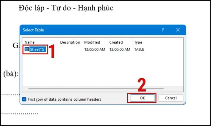 Nhập danh sách từ sheet có sẵn vào Word