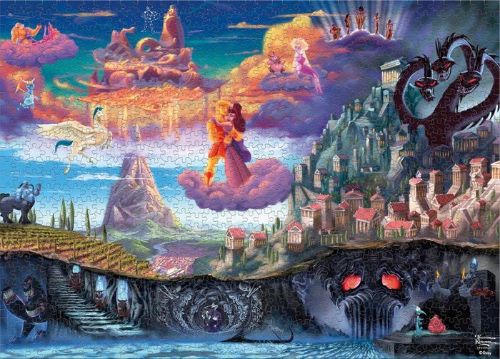 A fantasy-themed jigsaw puzzle depicting various mythical creatures, castles, dragons, and a couple floating on a cloud.