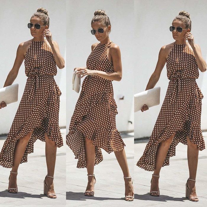 A collection of photos featuring a model in the polka-dot halter dress in brown.