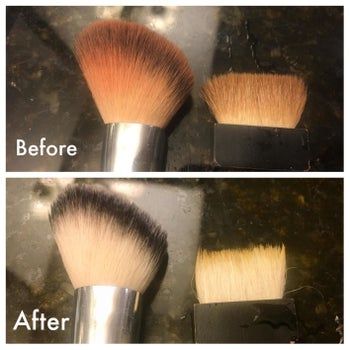 A reviewer demonstrates the transformation of their makeup brushes, first dirty with powder and blush, then sparkling clean after using the EcoTools brush cleaner.