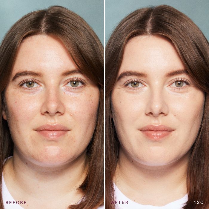 comparative visuals of a model without and with application of shade 12C