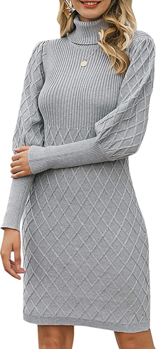A model showcasing the sweater dress in a chic gray shade.