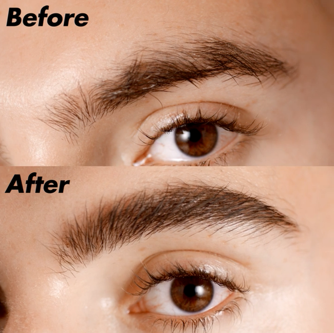 Before and after comparison of brows using the Wow Brow — the 'before' shows unkempt, patchy brows, while the 'after' looks styled and full