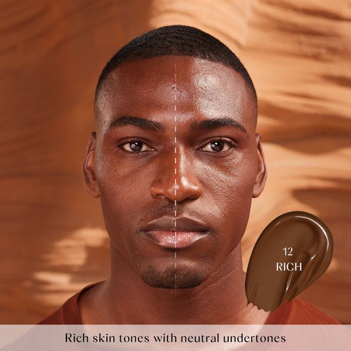 comparison of a model’s face before and after applying shade 12 Rich