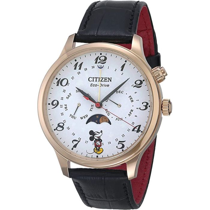 a gold watch with a small Mickey at the 6 o'clock position, accompanied by a sleek black band