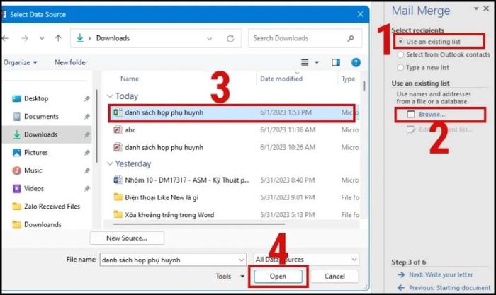 Trộn thư trong Word 2016, 2010 sử dụng file Excel đã có sẵn.