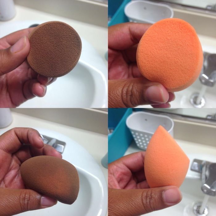 A reviewer showing the before and after of their makeup sponges, cleaned with shampoo.