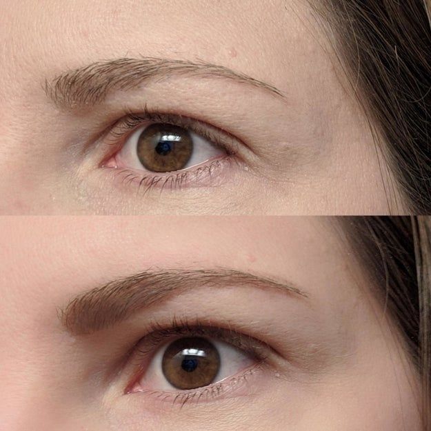 A reviewer demonstrating their results after using the Maybelline eyebrow pencil