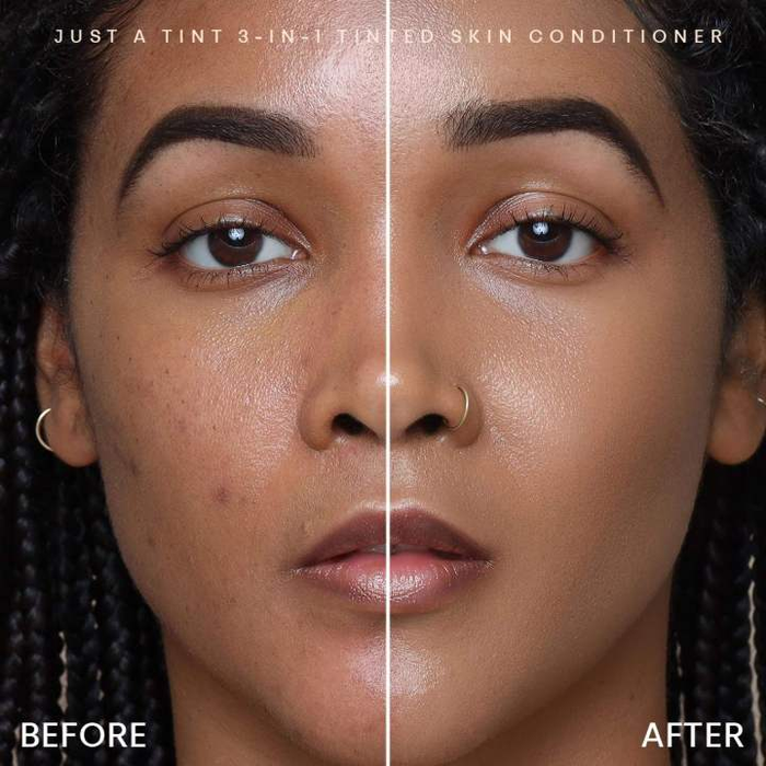 A model showing the before and after transformation after applying the tinted skin conditioner.