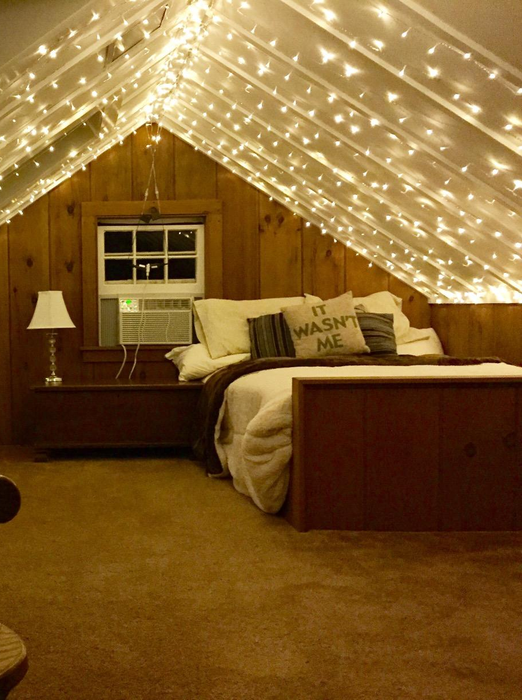 A reviewer's string lights hanging from the ceiling.