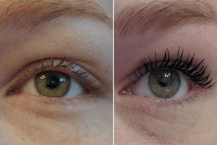 Reviewer displaying a dramatic before and after shot of their lashes using the mascara.