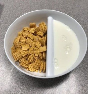 Reviewer's split cereal bowl with milk and cereal kept separate