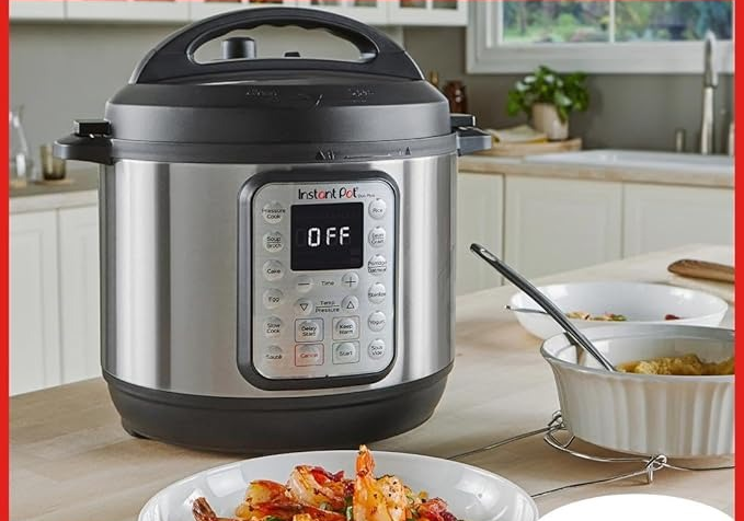 The Instant Pot sits on a kitchen counter, surrounded by bowls of delicious food. Text reads: