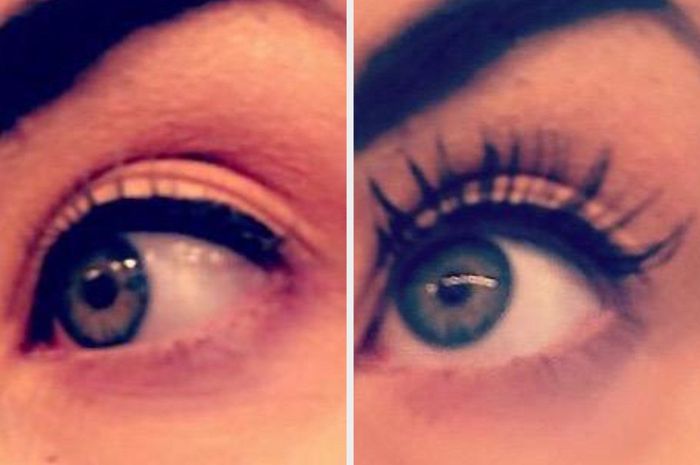 A before-and-after comparison of the reviewer using the mascara
