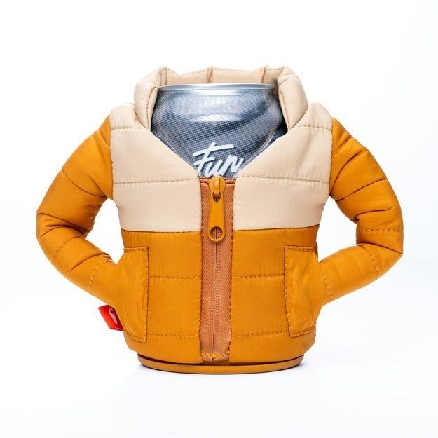 Front view of the orange coat-shaped can holder