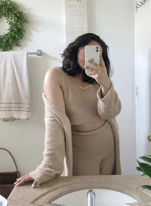 A customer posts a picture of them rocking the loungewear set in camel color.