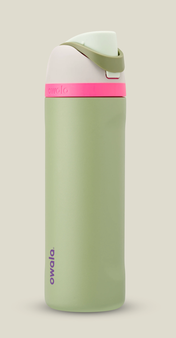 green Owala tumbler with pink accents