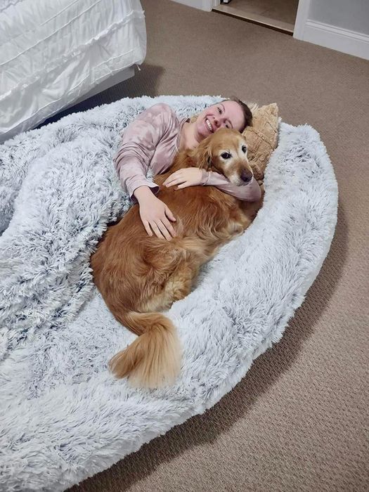 A reviewer happily cuddling with a golden retriever on a large, soft furry bed, looking cozy together.