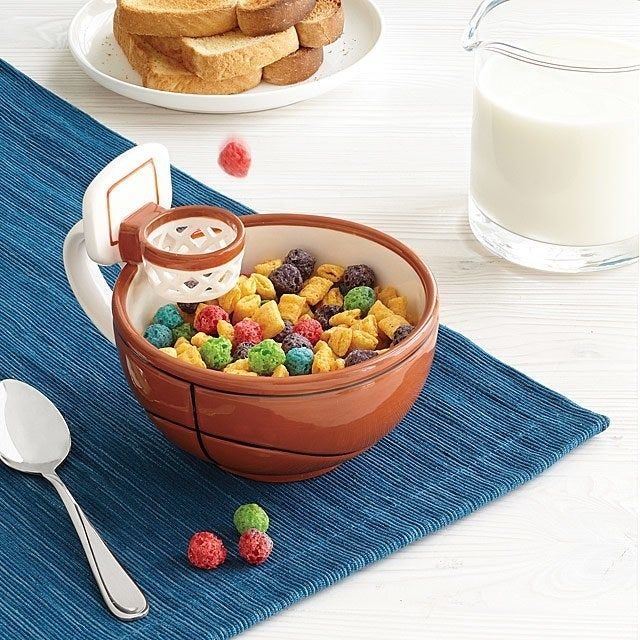 A basketball-shaped cereal bowl with a hoop for easy dunking