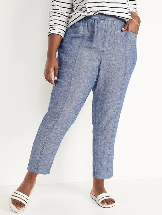 front view of model in cropped chambray pants