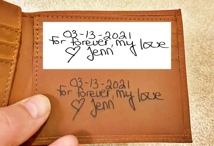 Bottom right inside flap of the wallet, featuring a handwritten message