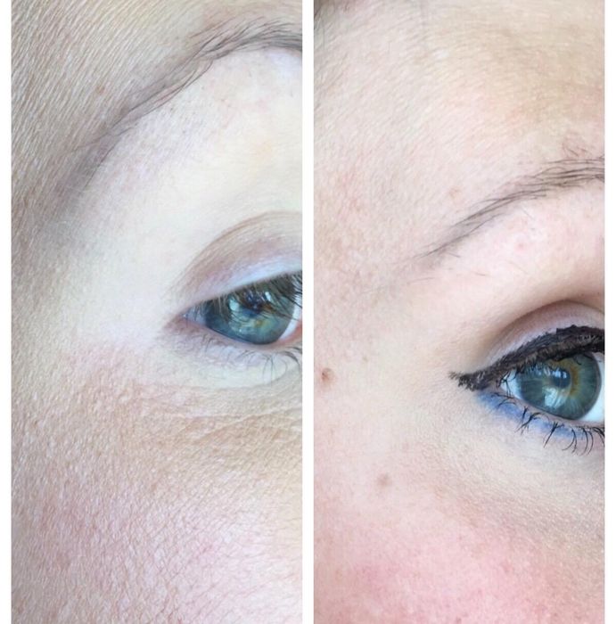 A before-and-after close-up of an eye, showcasing enhanced eyelashes, likely demonstrating a mascara product.