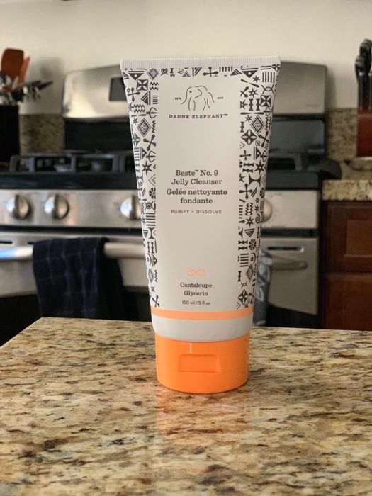 Image of the cleanser tube resting on a kitchen counter