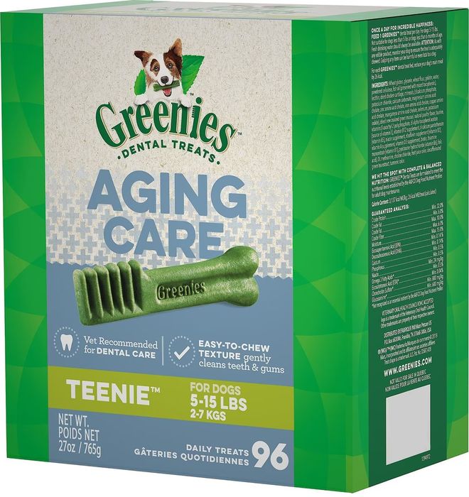 A package of Greenies Aging Care dental treats for dogs, featuring the product and brand name clearly displayed